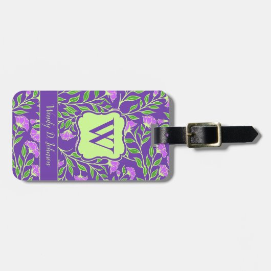 Paarse bloem met monogram Bagagelabel (Voorkant horizontaal)