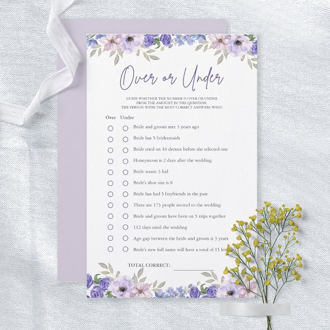 Paarse bloem over of onder Vrijgezellenfeest spel (Purple Flower Over or Under Bridal Shower Game)