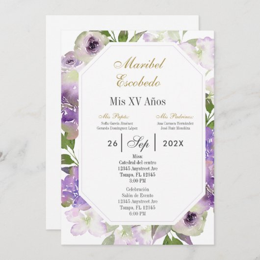 paarse bloem Quinceanera uitnodiging (Voorkant / Achterkant)
