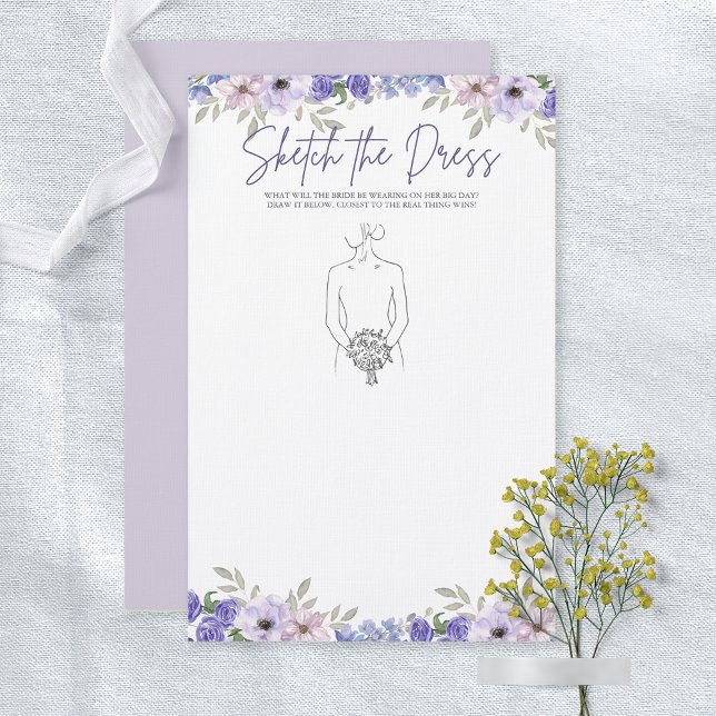 Paarse Bloem Schets de Jurk Vrijgezellenfeest Spel (Purple Flower Sketch the Dress Bridal Shower Game)