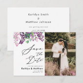 Paarse Bloem Waterverf Script Foto Bruiloft Save The Date (Voorkant / Achterkant)