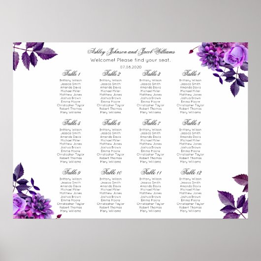 Paarse bloem zitplaatskaart print. Lila bruiloft Poster (Voorkant)
