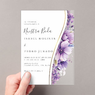 Paarse bloemblaadje nuestra boda spaanse bruiloft acryl uitnodigingen