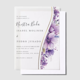Paarse bloemblaadje nuestra boda spaanse bruiloft vellum uitnodigingen