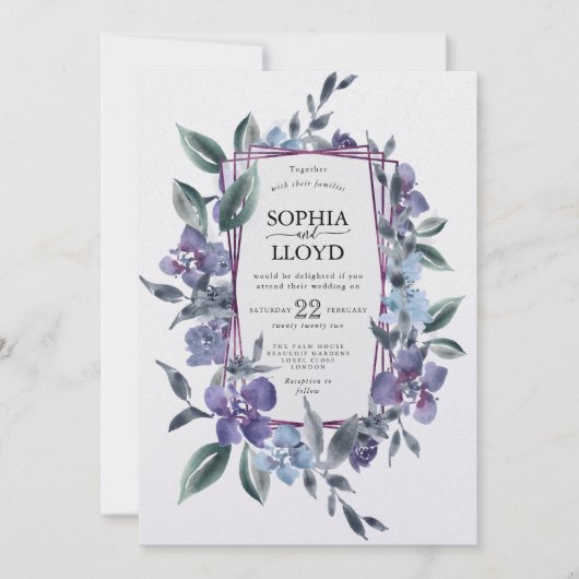 Paarse bloemboeket geometrisch lijst feestdagenkaart (Voorkant)