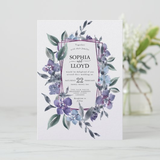 Paarse bloemboeket geometrisch lijst feestdagenkaart (Staand voorkant)