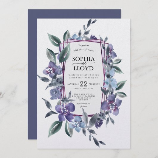 Paarse bloemboeket geometrisch lijst feestdagenkaart (Voorkant / Achterkant)