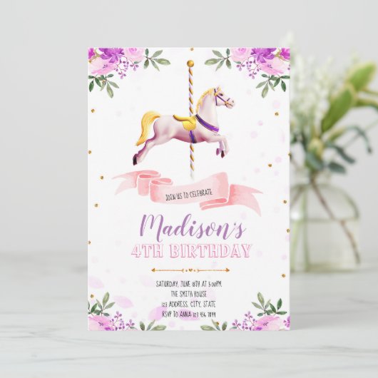 Paarse bloemcarrousel - uitnodiging (Staand voorkant)