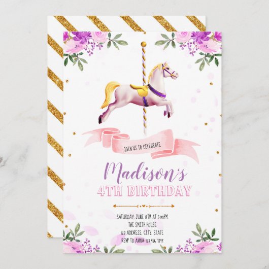 Paarse bloemcarrousel - uitnodiging (Voorkant / Achterkant)