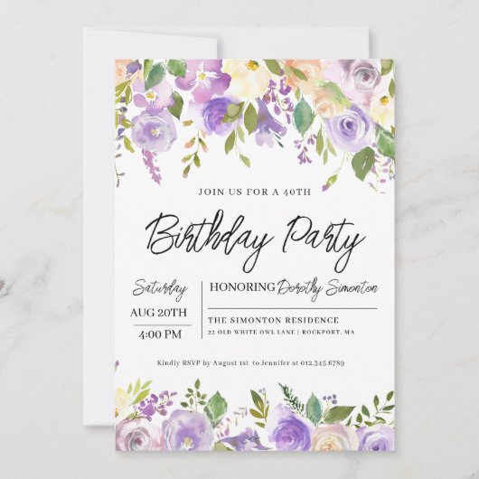  Paarse Bloemen 40e Verjaardagsfeestje Kaart (Voorkant)