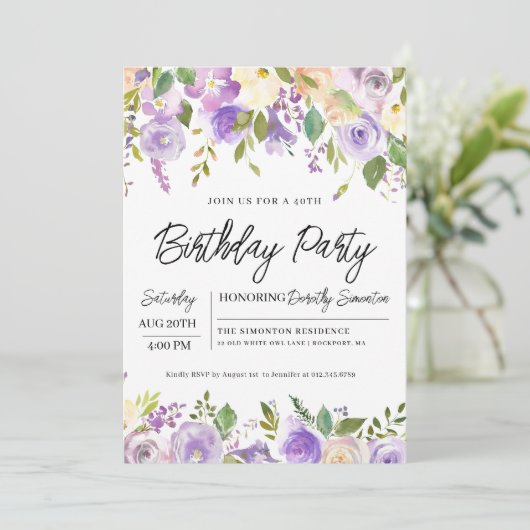 Paarse Bloemen 40e Verjaardagsfeestje Kaart (Staand voorkant)