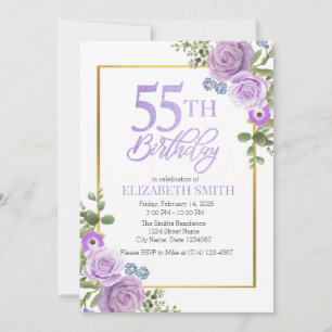 Paarse Bloemen 55ste Verjaardag Uitnodiging Sjablo