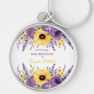 Paarse bloemen 60e verjaardagsfeestje sleutelhanger