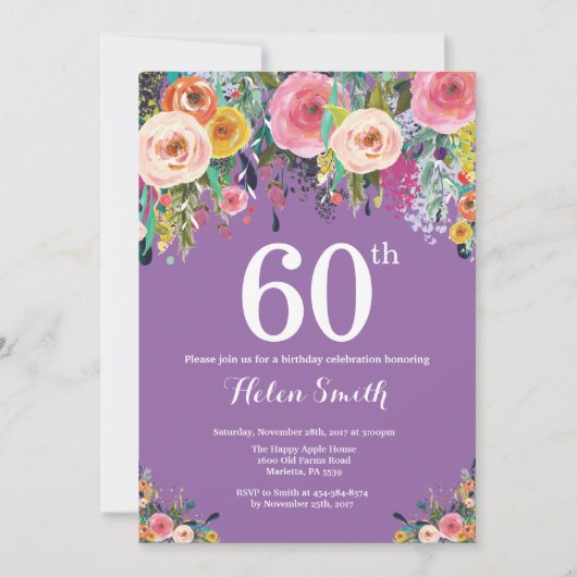Paarse Bloemen 60ste Verjaardag Uitnodiging (Voorkant)