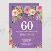 Paarse Bloemen 60ste Verjaardag Uitnodiging (Voorkant / Achterkant)