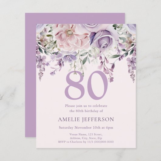 Paarse Bloemen 80e Budget Verjaardagsuitnodiging (Voorkant / Achterkant)