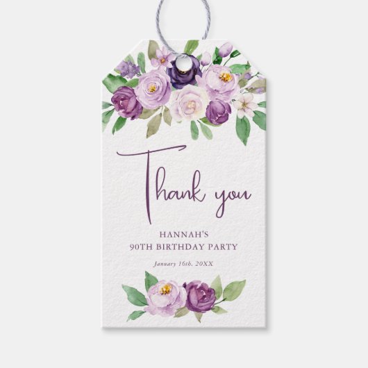 Paarse Bloemen 90ste Verjaardag Dank u wel Cadeaulabel (Voorkant)