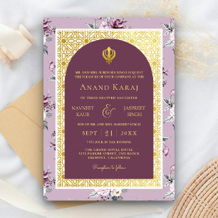 Paarse Bloemen Anand Karaj Punjabi Sikh Bruiloft Kaart