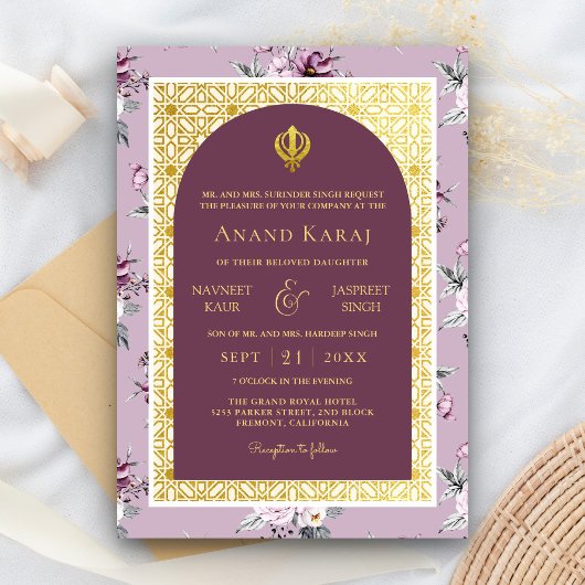 Paarse Bloemen Anand Karaj Punjabi Sikh Bruiloft Kaart
