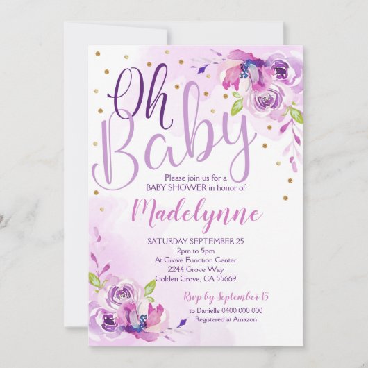 Paarse Bloemen Baby shower uitnodiging (Voorkant)