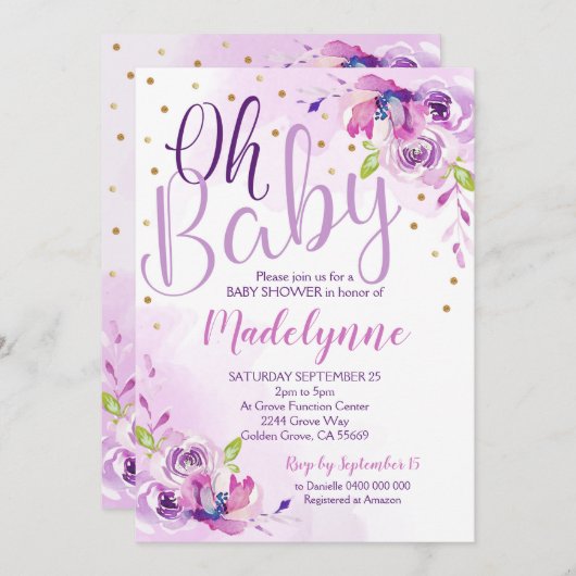 Paarse Bloemen Baby shower uitnodiging (Voorkant / Achterkant)