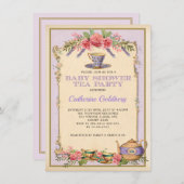 Paarse Bloemen Baby Tea Party Theepot Uitnodigen Kaart (Voorkant / Achterkant)