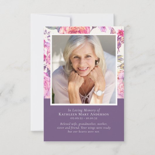 Paarse bloemen begrafenis sympathie dank u kaart (Voorkant)