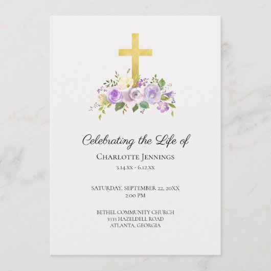 Paarse Bloemen Begrafenis Viering van het Leven Programma (Voorkant)
