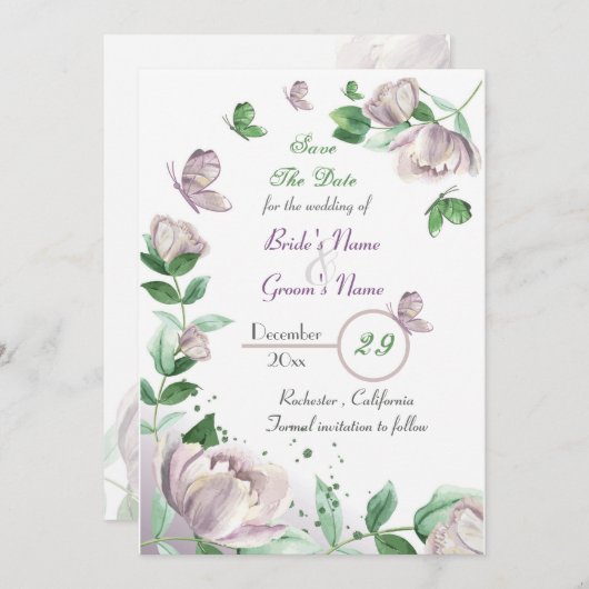 Paarse bloemen & bladeren vlinders de datum opslaa kaart (Voorkant / Achterkant)