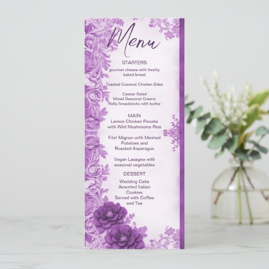 Paarse bloemen bloeien bruiloft menu (Staand voorkant)