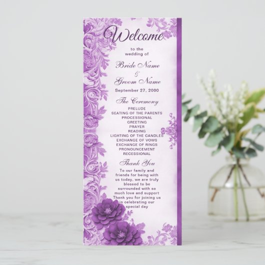Paarse bloemen bloeien huwelijksprogramma programma (Staand voorkant)
