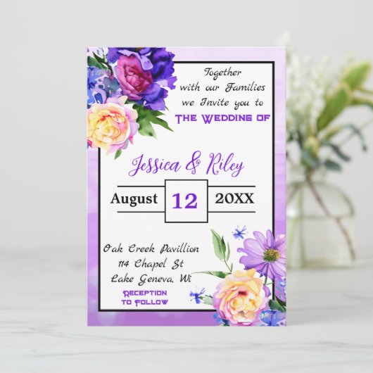 paarse bloemen bloemenbruiloft elegant kaart (Staand voorkant)