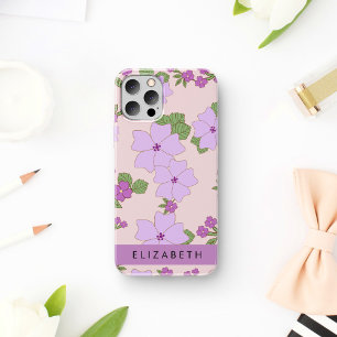 Paarse bloemen, bloemenpatroon, Jouw naam iPhone 12 Pro Hoesje
