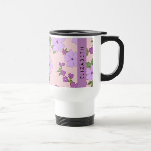 Paarse bloemen, bloemenpatroon, Jouw naam Reisbeker