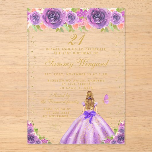 Paarse Bloemen Blond Haar Prinses Verjaardagsfeest Acryl Uitnodigingen (Voorkant)
