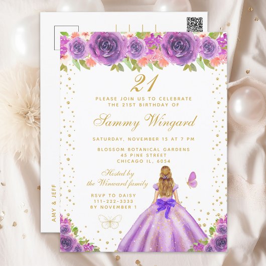 Paarse Bloemen Blond Haar Prinses Verjaardagsfeest Briefkaart