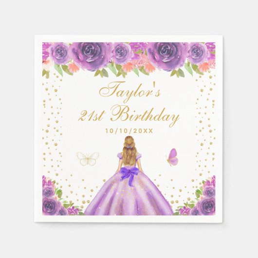 Paarse Bloemen Blond Haar Prinses Verjaardagsfeest Servet (Voorkant)