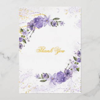 Paarse bloemen bruiloft folie bedankkaart uitnodiging