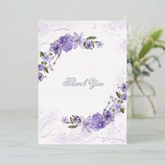 Paarse Bloemen bruiloft Folie dank u kaart (Staand Voorkant)