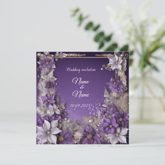 Paarse bloemen bruiloft nikkah uitnodiging (Staand voorkant)