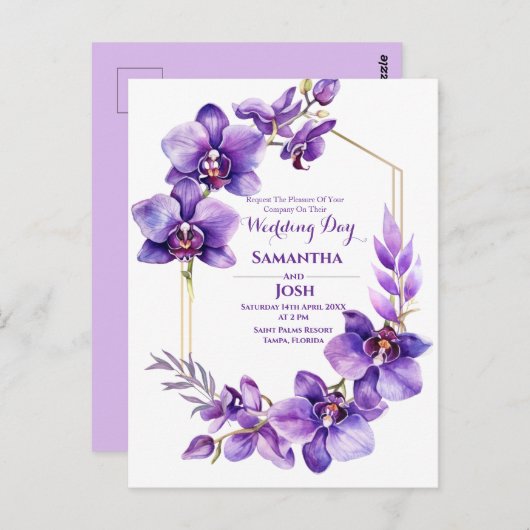 Paarse bloemen bruiloft uitnodiging Briefkaart (Voorkant / Achterkant)