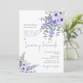 Paarse Bloemen bruiloft uitnodiging in het Spaans (Staand voorkant)