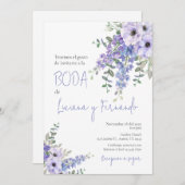 Paarse Bloemen bruiloft uitnodiging in het Spaans (Voorkant / Achterkant)