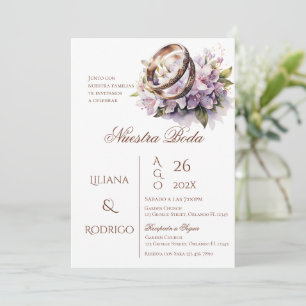 Paarse bloemen bruiloft uitnodiging met ringen