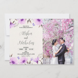 Paarse Bloemen bruiloft uitnodigingen met foto