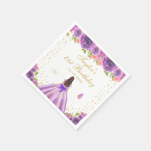 Paarse Bloemen Brunette Prinses Verjaardagsfeest Servet (Hoek)