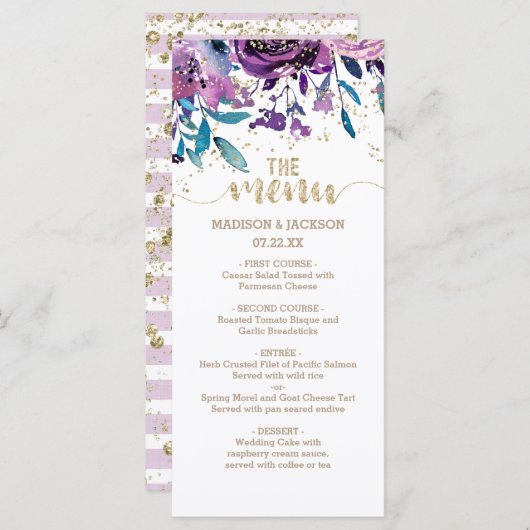 Paarse Bloemen Champagne Goud Confetti Bruiloft Me Menu (Voorkant / Achterkant)
