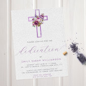 Paarse Bloemen Cross Modern Script Baby Toewijding Kaart