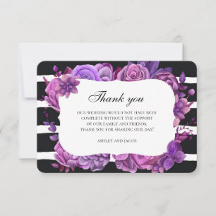 Paarse bloemen dank je. Bloemige huwelijksnotitie Kaart