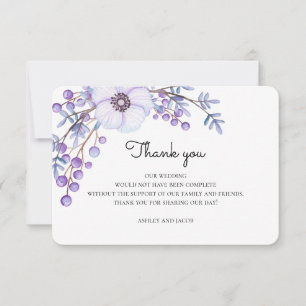 Paarse bloemen dank je. Botanische huwelijkskaart Kaart